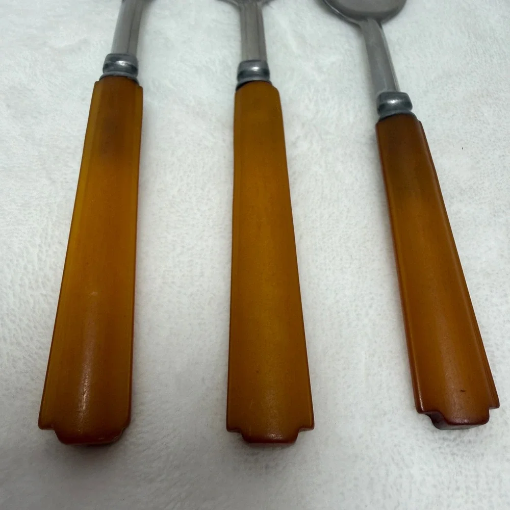 VTG‎ Bakelite Flatware 3pc Set Butterscotch Amber Handles Fork Spoons